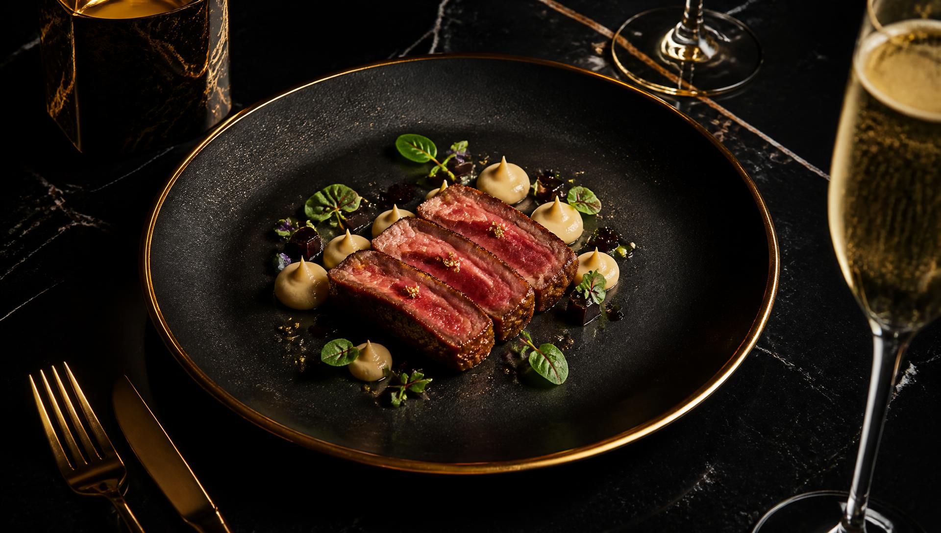 Seared wagyu with gold leaf on black marble